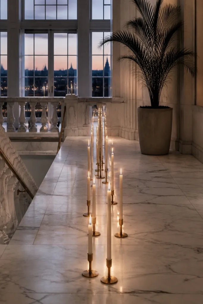 White marble stairs with evenly spaced white candles and greenery runner