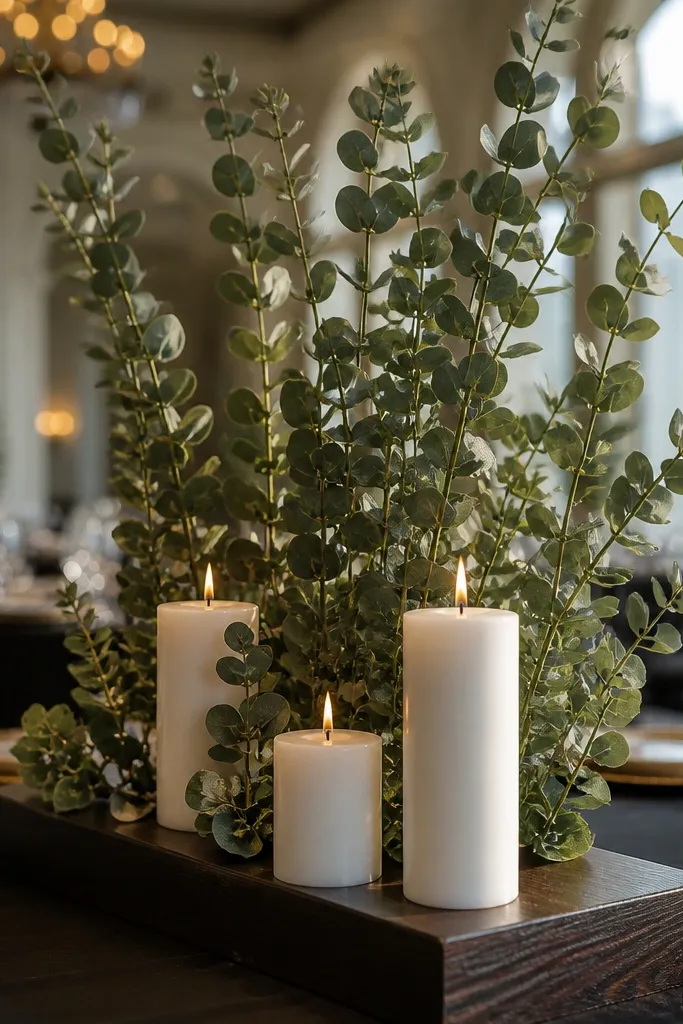 Tall eucalyptus arrangements with white pillar candles on a dark table base