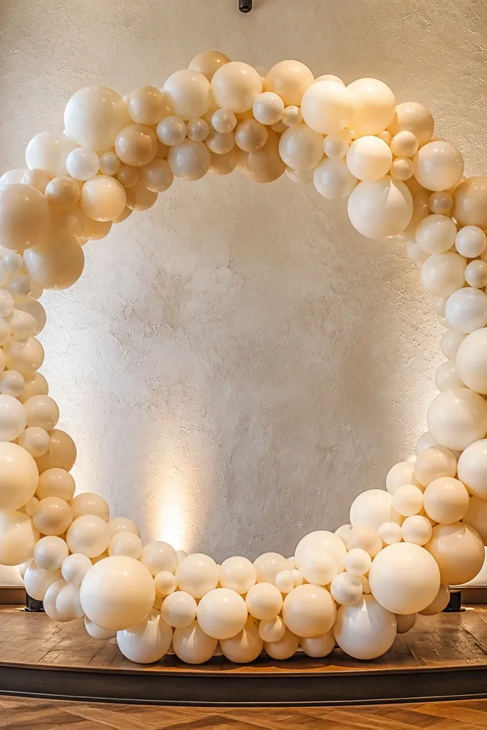 Matte cream balloon circle backdrop with soft shadow and minimal decor