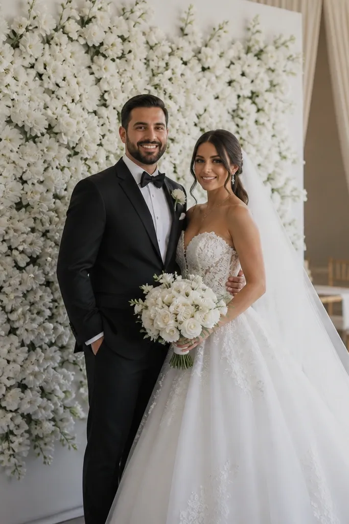 White flower wall on a matte backdrop with clean edges