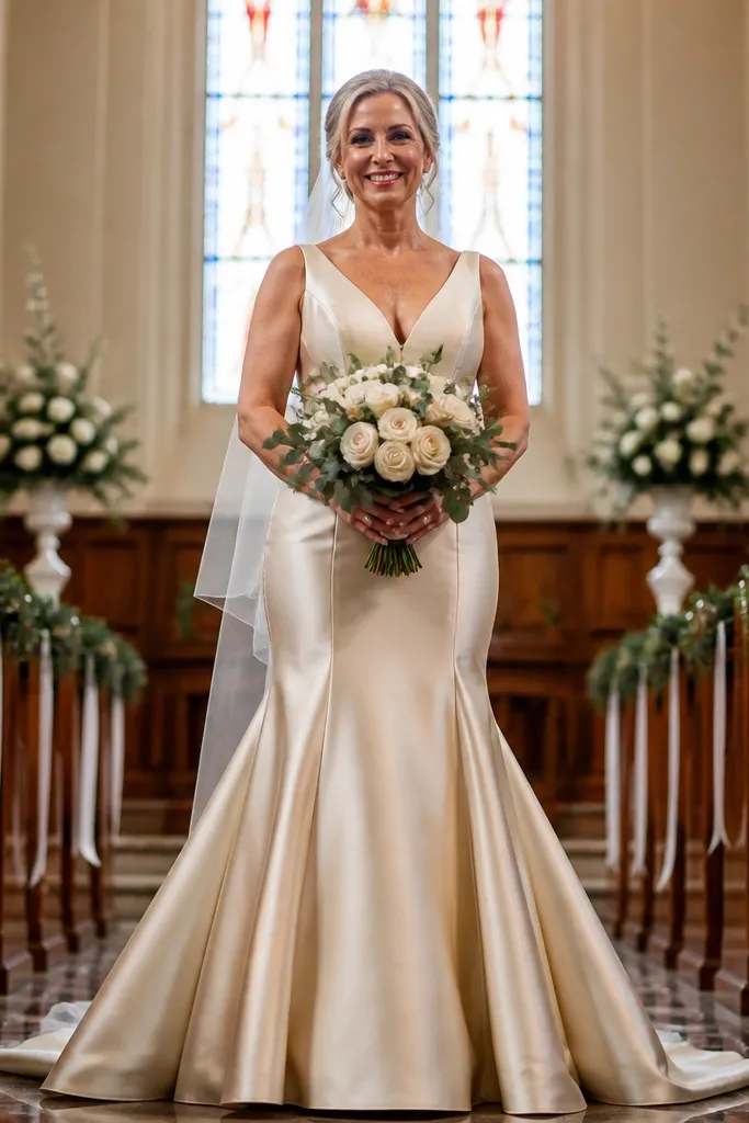 Soft white satin mermaid dress with seam paneling along the waist and hip flare