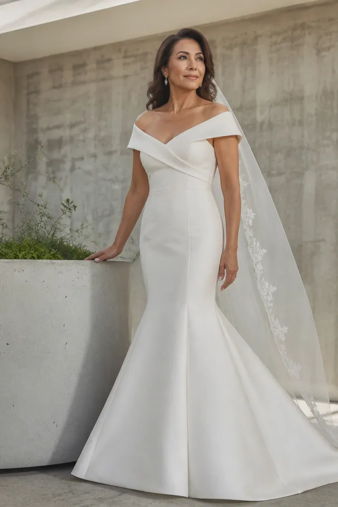 Cream mermaid gown with subtle textured crepe panels and a clean flare