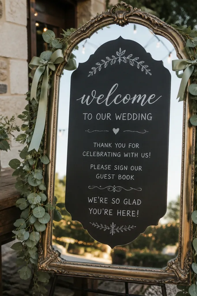 Chalkboard-style panel on a mirror with sage green ribbon accents