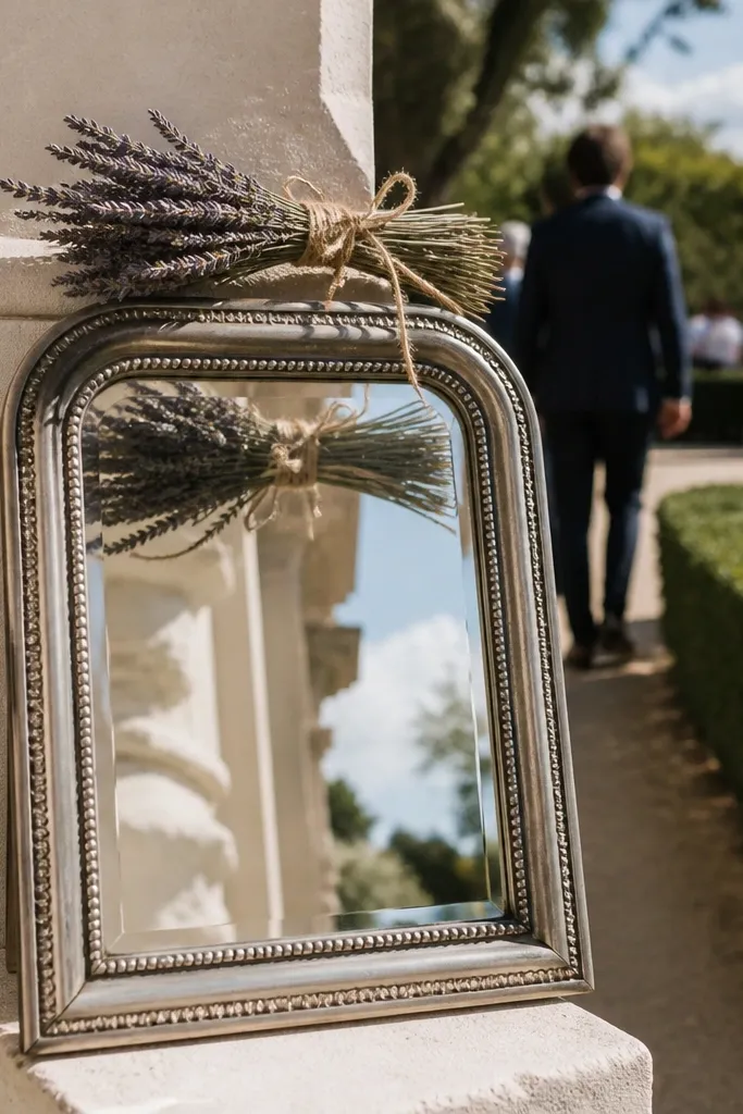 Mirror with dried lavender sprigs arranged along the top edge and neutral twine