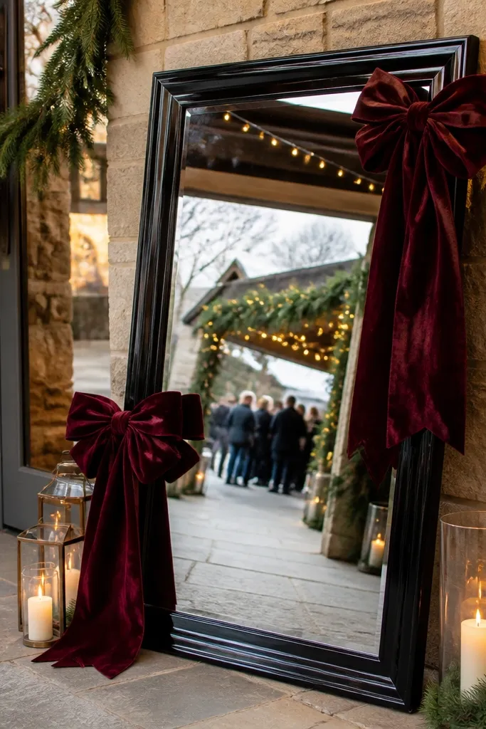 Black mirror with burgundy velvet ribbon bows at the corners and a deep red welcome panel