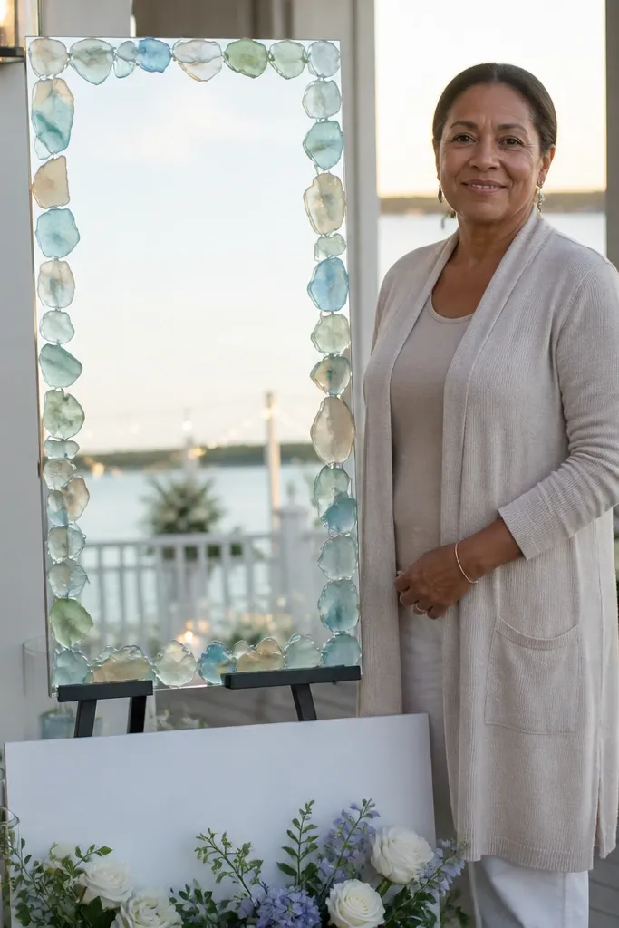 Mirror with sea glass pieces around the edges and a coastal welcome sign panel