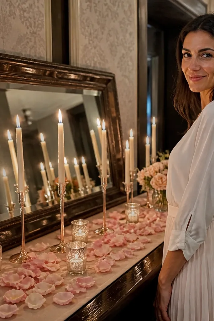 Mirror welcome sign on a table with candle row and blush rose petals