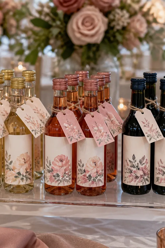 Small bottles on a clear riser with matching kraft tags and twine