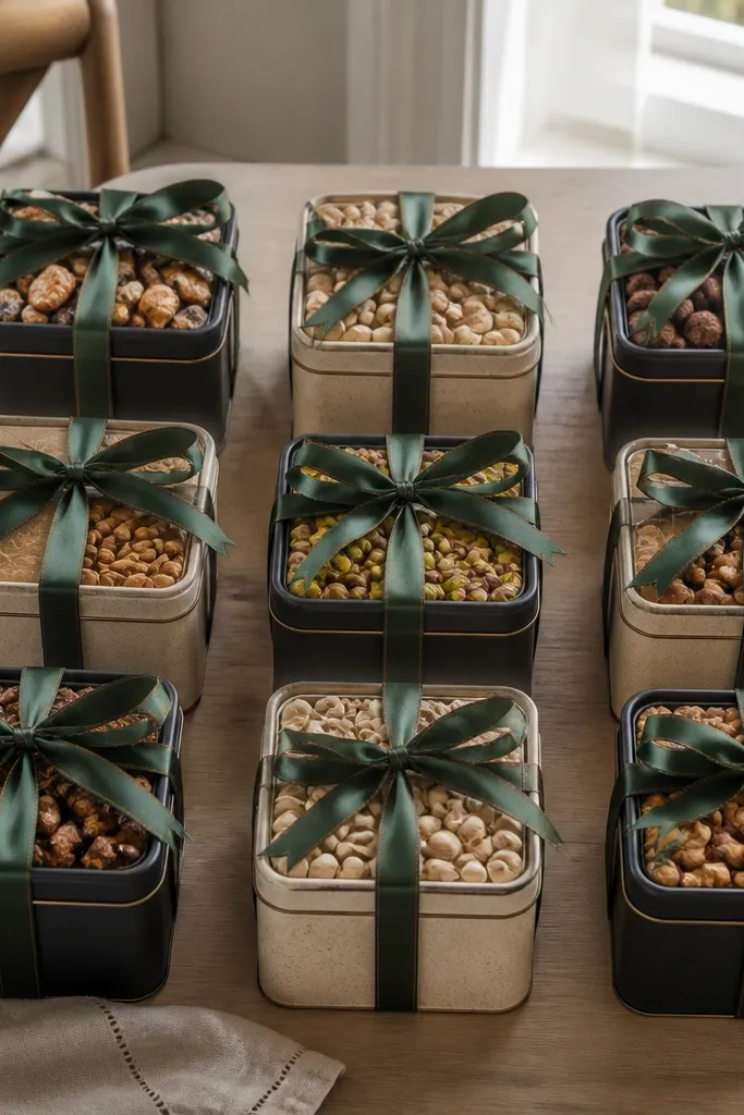 Snack tins in two colors with name ribbons tied around handles