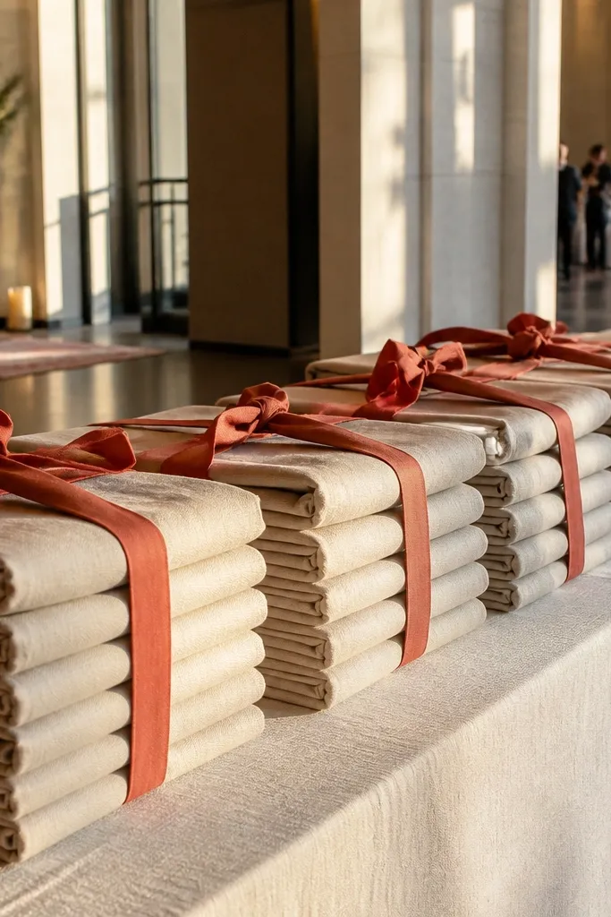 Folded tote bags stacked with one tag attached to each