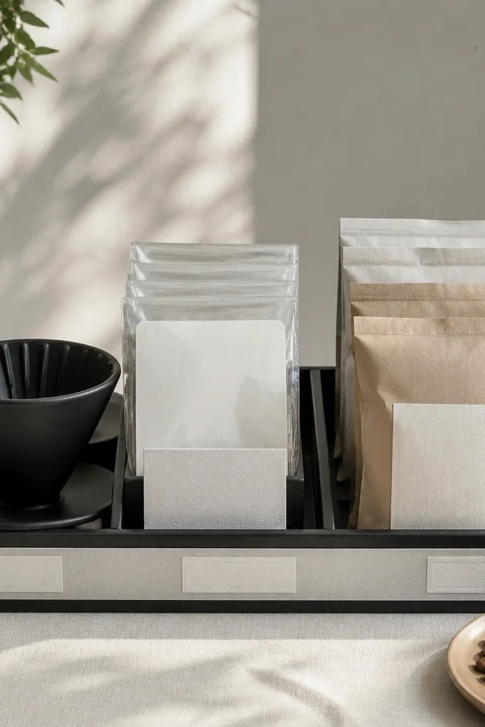 Coffee kit items on a tray with a strip label along the front