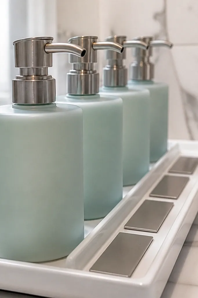 Travel bottles lined up with matching labels and neat rows