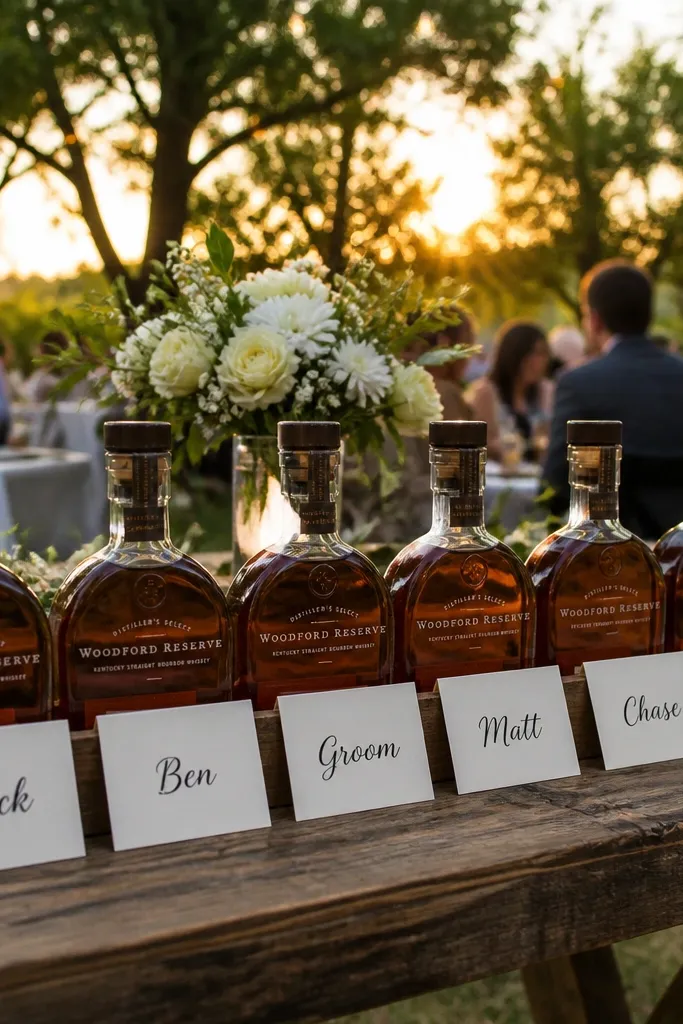 Bottles arranged with a front card showing names