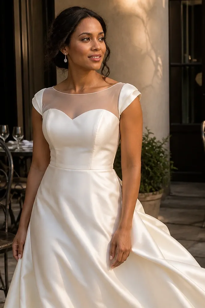Ivory satin A-line wedding dress with illusion neckline and cap sleeves