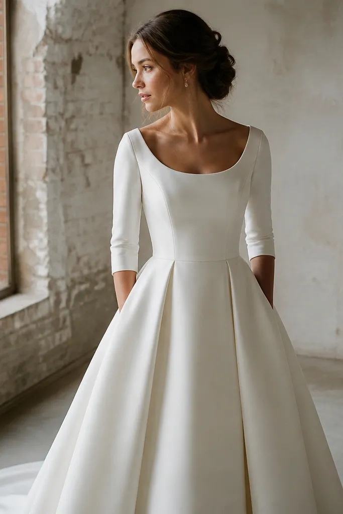 Ivory mikado wedding dress with scoop neckline and three-quarter sleeves