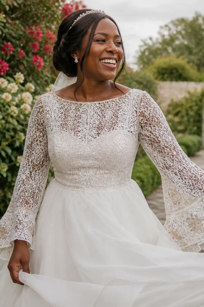 Ivory bateau lace wedding dress with bell sleeves and organza overlay skirt
