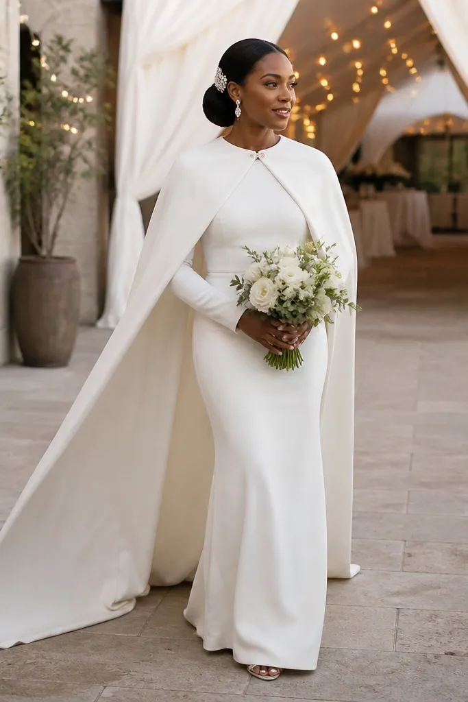 Ivory wedding dress with long sleeves and a removable capelet over the shoulders