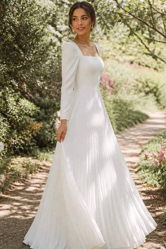Ivory square-neck wedding dress with long sleeves and a soft pleated skirt