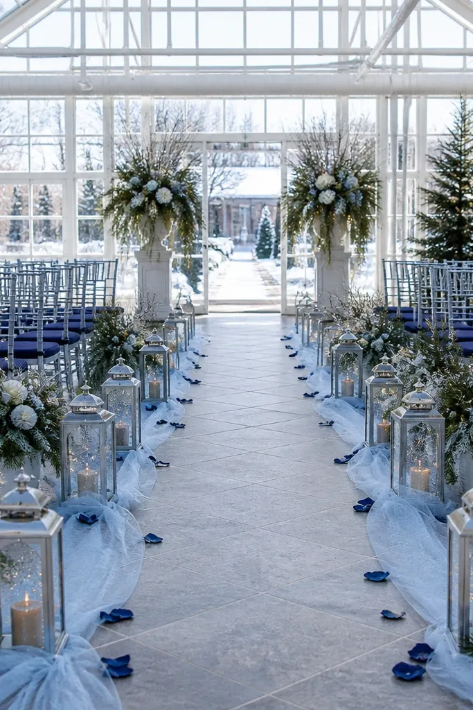 Ice blue bouquets with navy ribbon and silver-grey candle sleeves