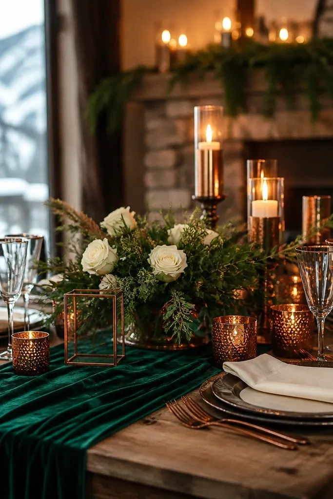 Emerald green bouquet with ivory linens and antique copper candle holders