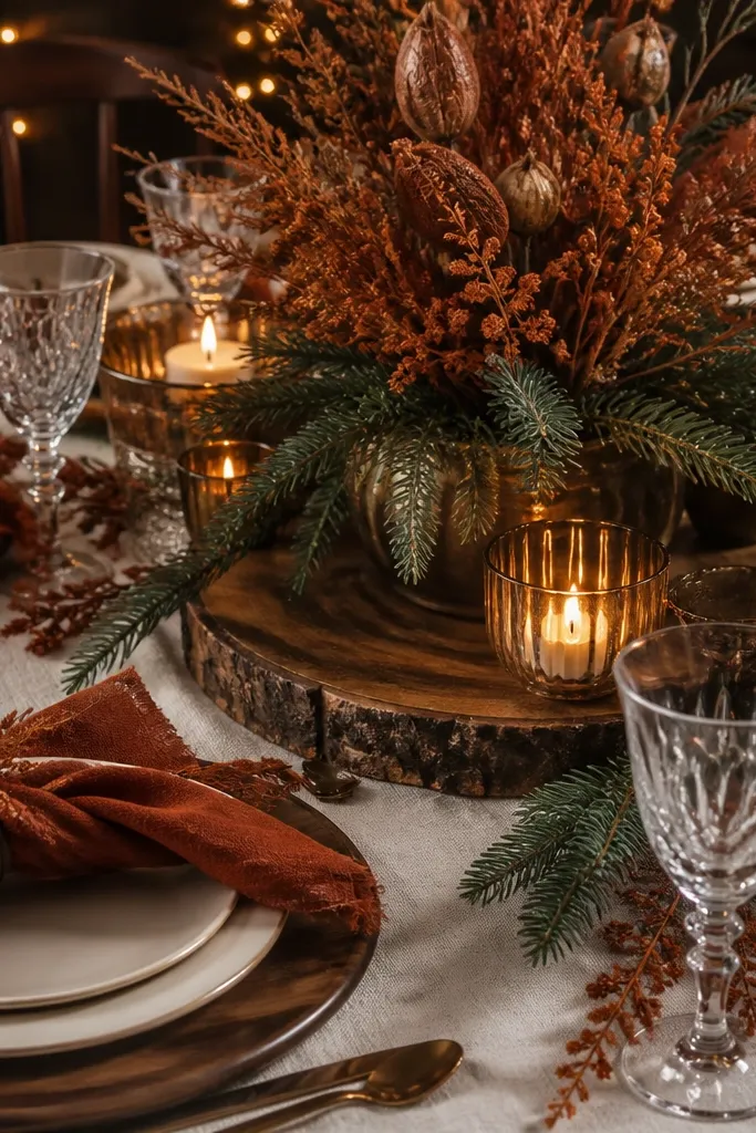 Rust orange napkins with deep green greenery and ivory place settings