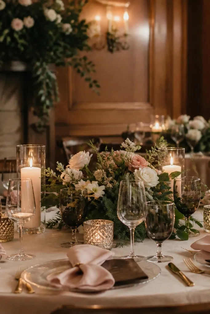 Blush sand table linens with olive green florals and espresso brown accents