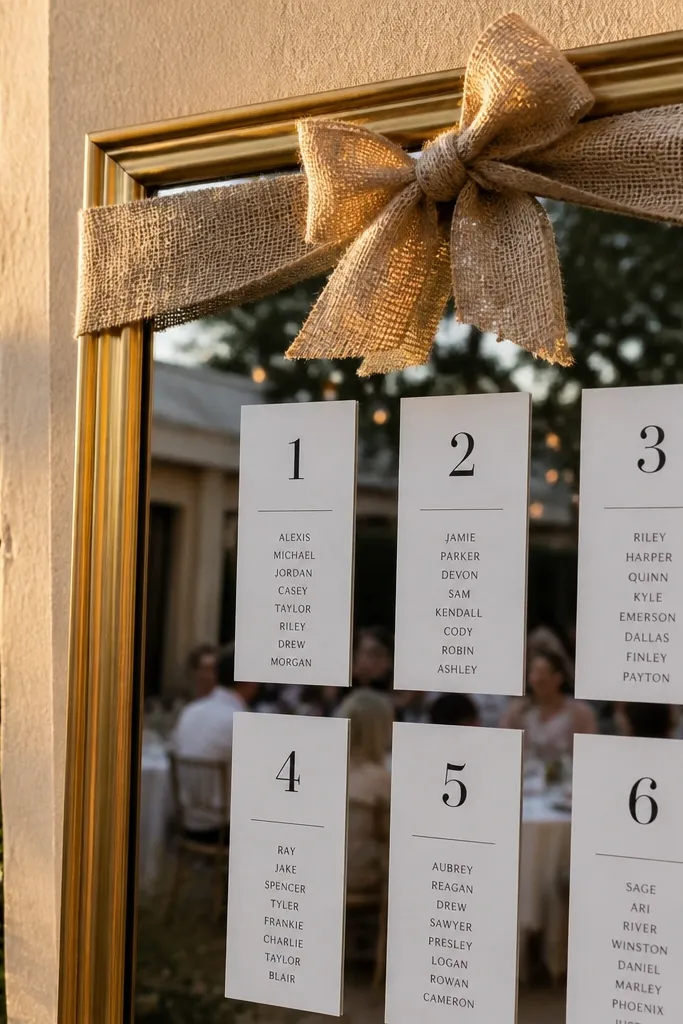 Mirror with gold trim and a burlap ribbon header above table number labels