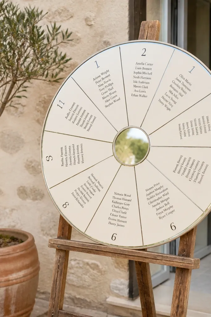 Round mirror with table numbers arranged in a circle and names in wedges