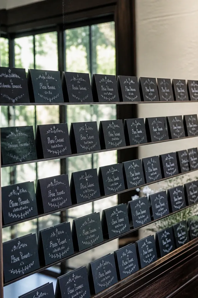 Mirror with small chalk-style name cards arranged by table behind the glass