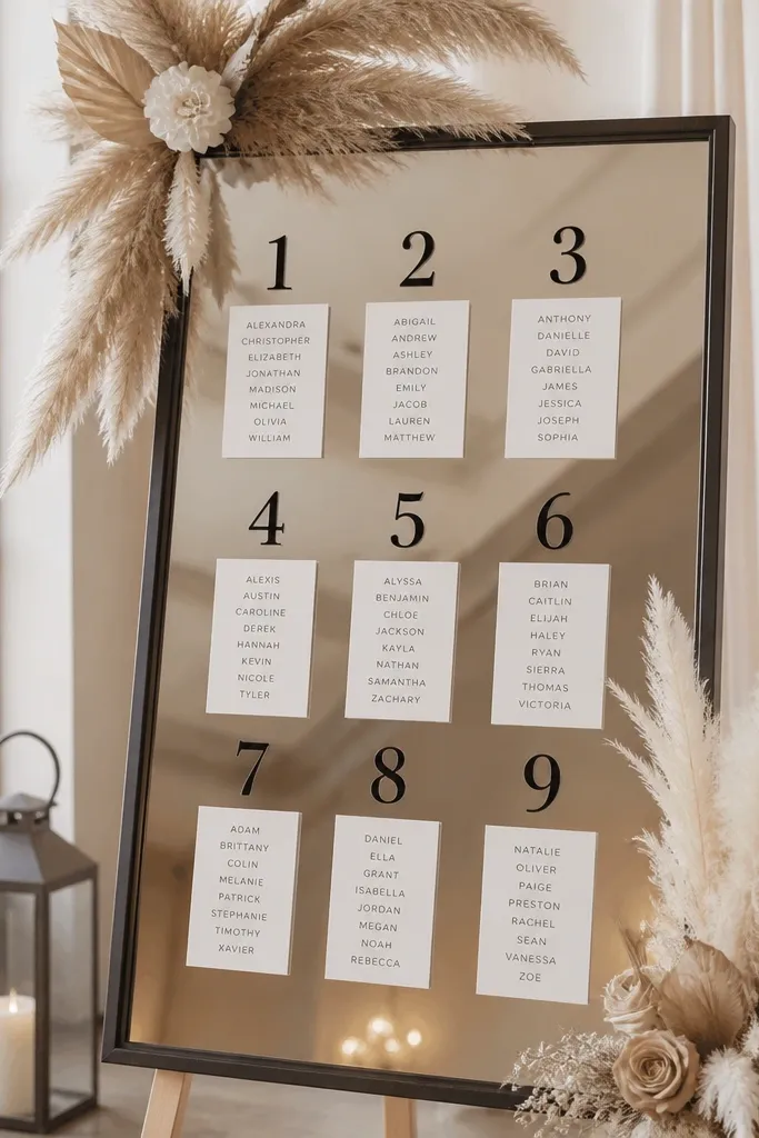 Mirror with simple seating chart and two feather-like decor clusters at the top corners