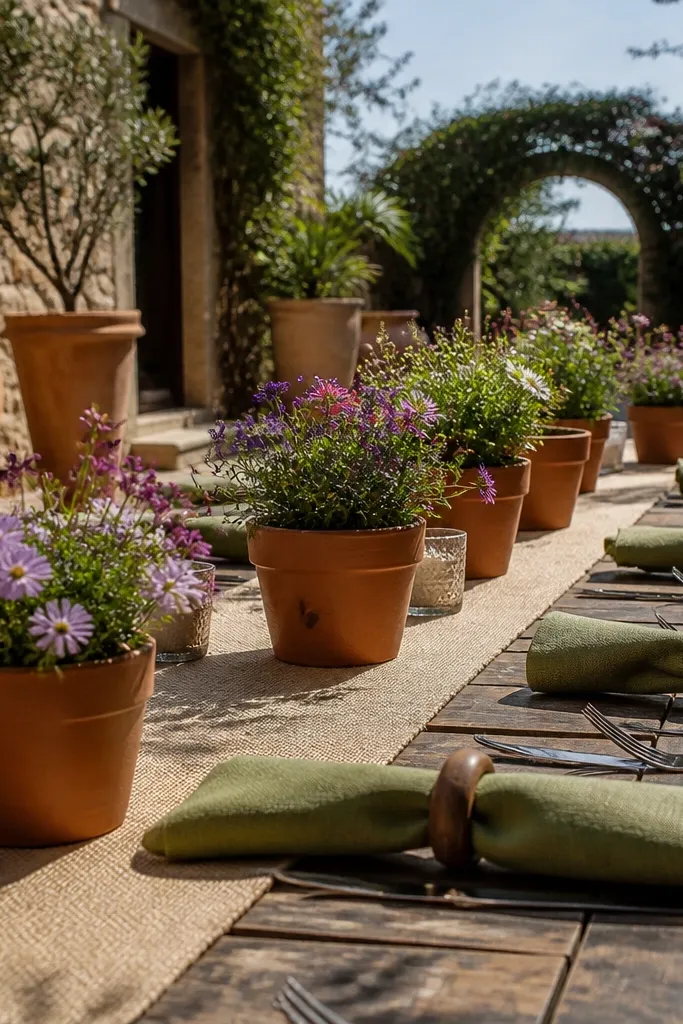 Sand table runner with terracotta terry napkins and olive leaves