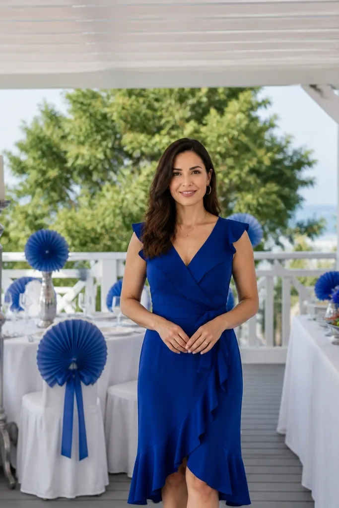 Royal blue napkins with white centerpieces and silver candle holders
