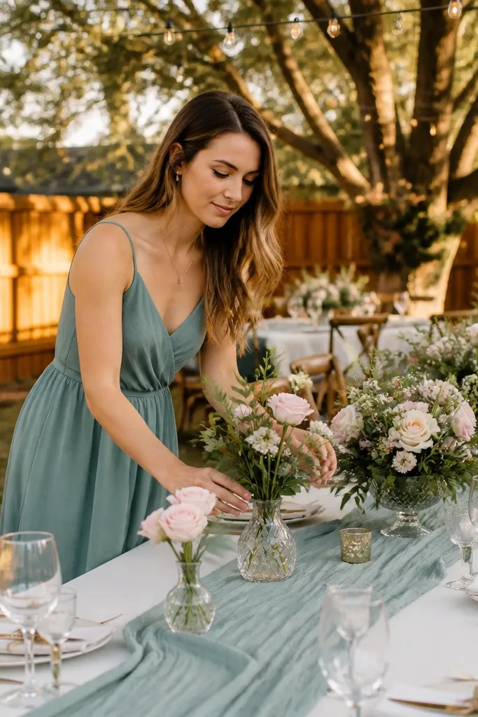 Dusty teal napkins with blush bouquets on ivory table linens