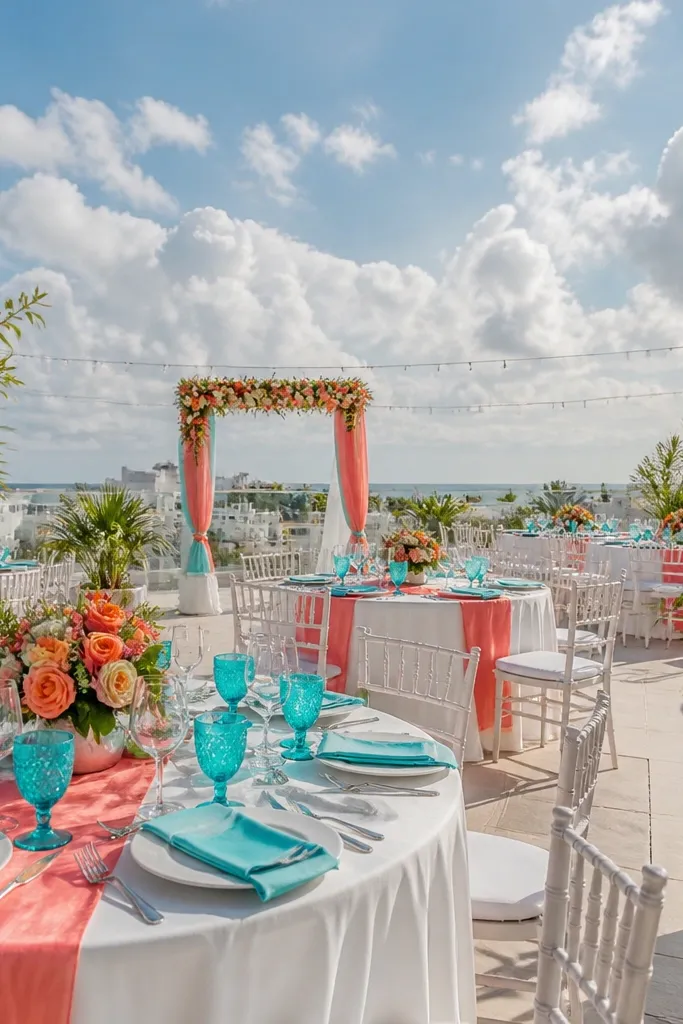 Coral and turquoise flowers with white tablecloths and matching ribbon