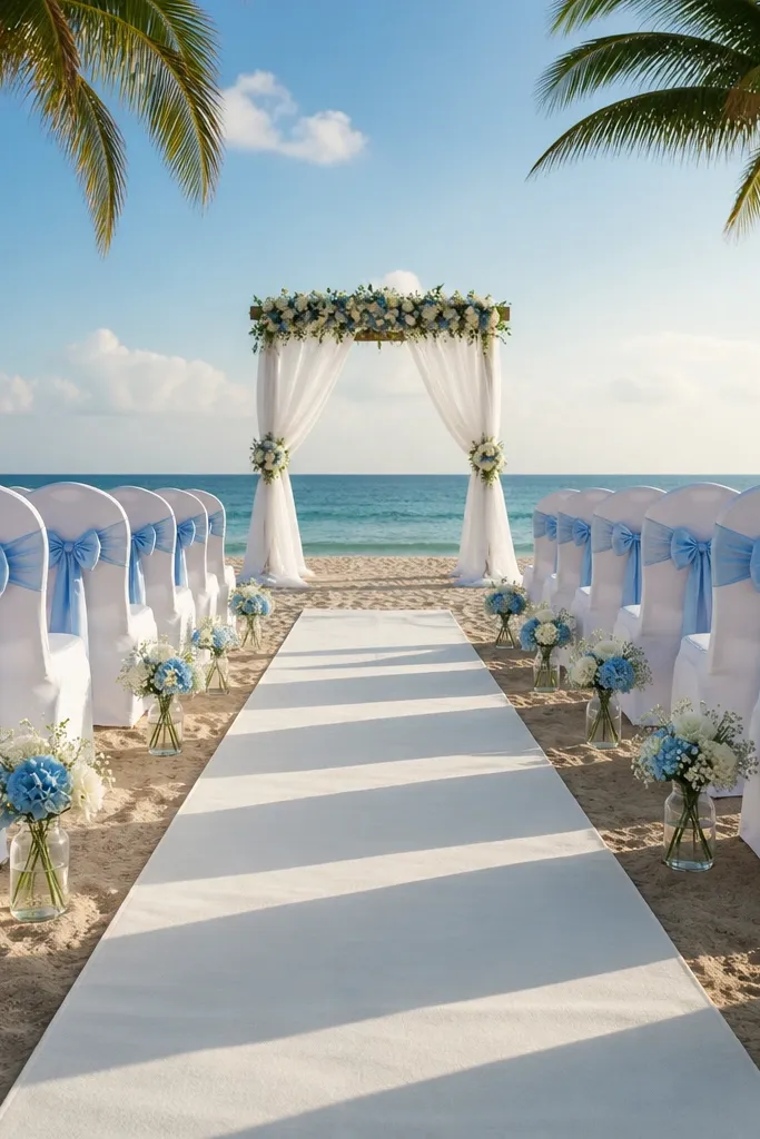 Sky blue napkins with white centerpieces and pale coral accents