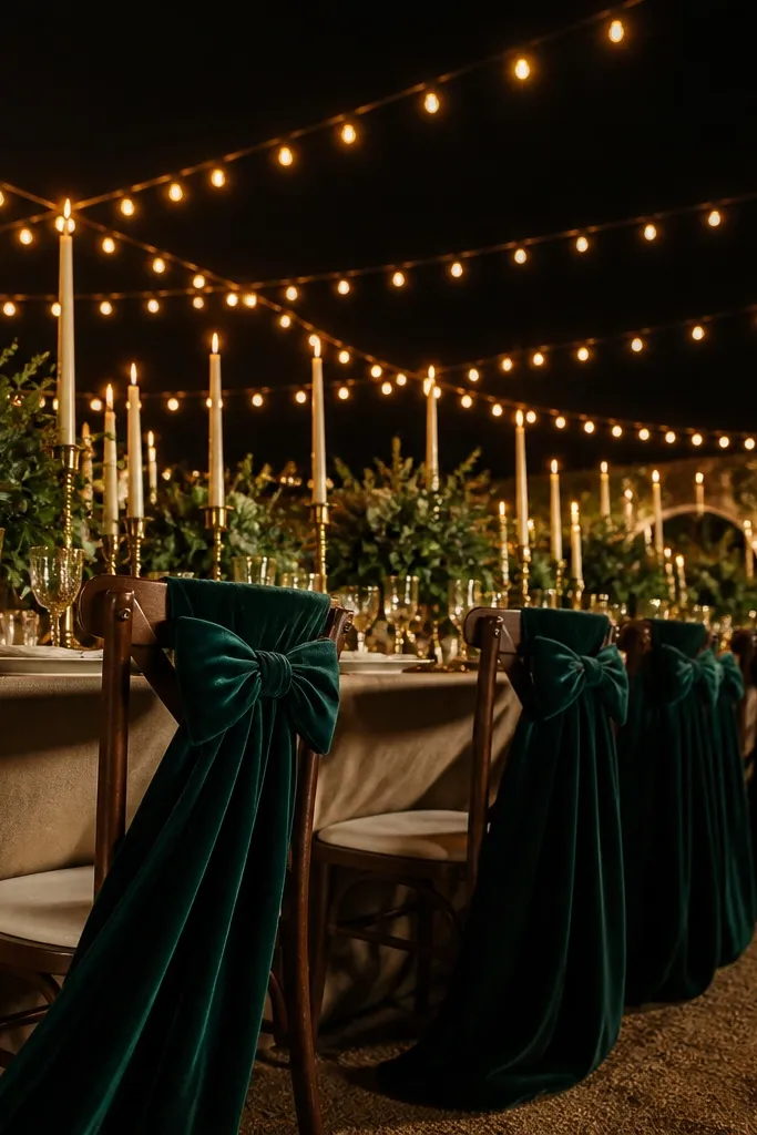 Champagne table linen with deep emerald flowers and velvet ribbon accents