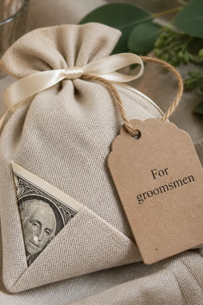 Small linen drawstring pouch with a corner-folded cash note peeking out