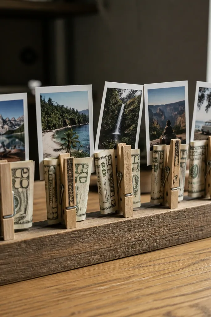 Small wooden tray with clothespins holding folded cash and mini cards
