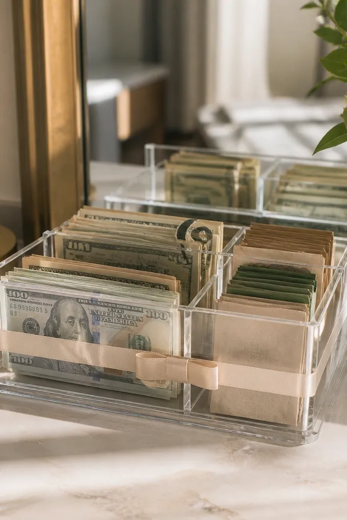 Clear organizer box filled with folded cash and small tea packets with ribbon label