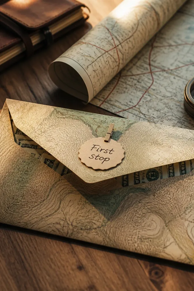 Map-print envelope with folded cash and a small pin labeled first stop