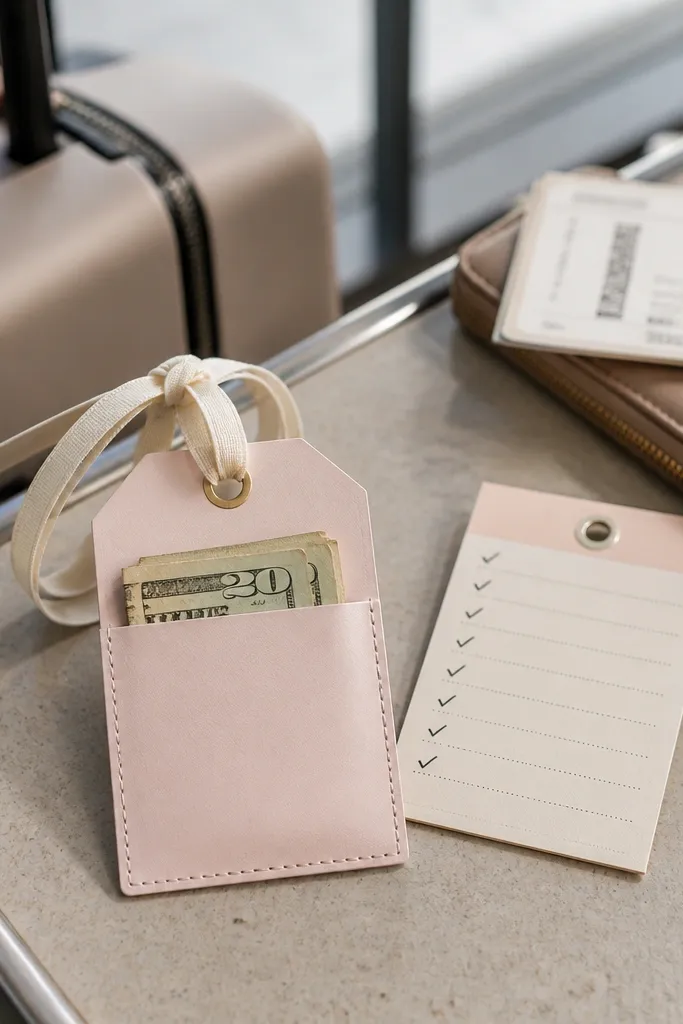 Luggage-style tag with cash inside and a packing list card attached