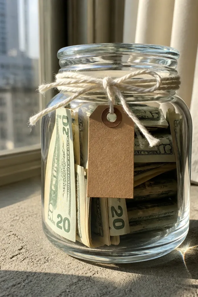 Clear jar filled with folded cash tied with cotton string and a savings label