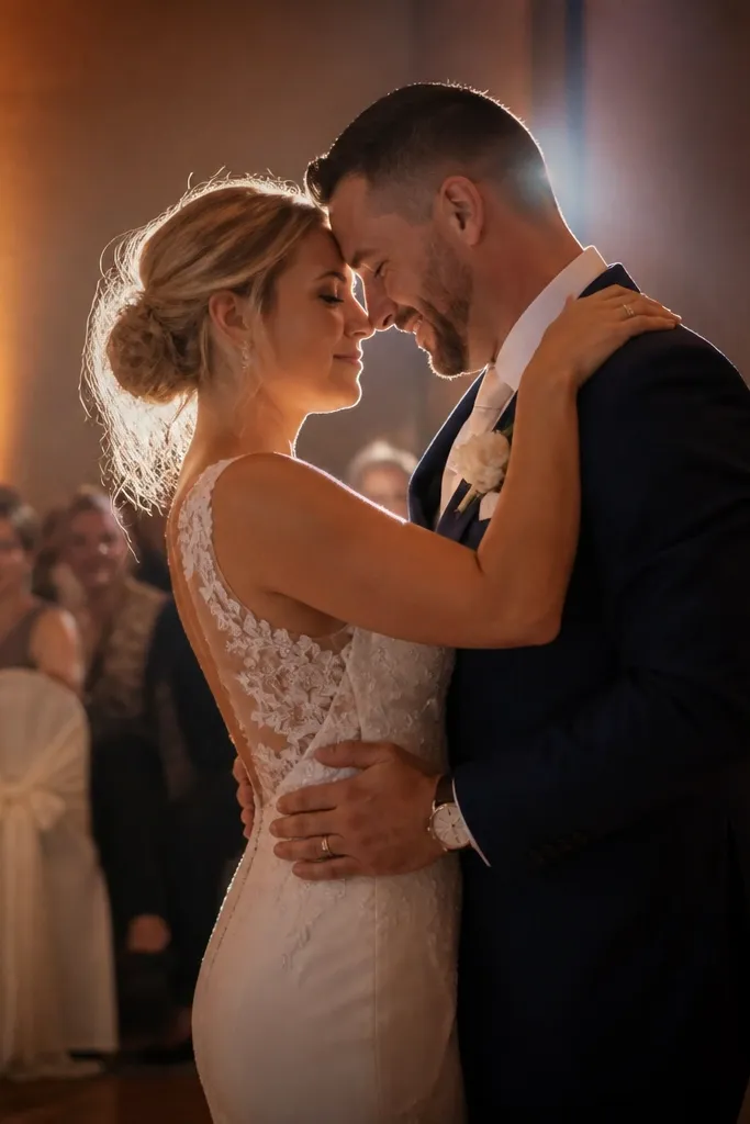 Couple in first dance pose with soft light behind them through draped fabric