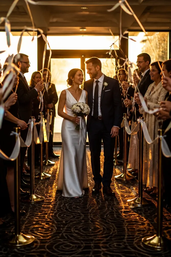 Guests holding ribbon lines creating an arch as the couple walks through