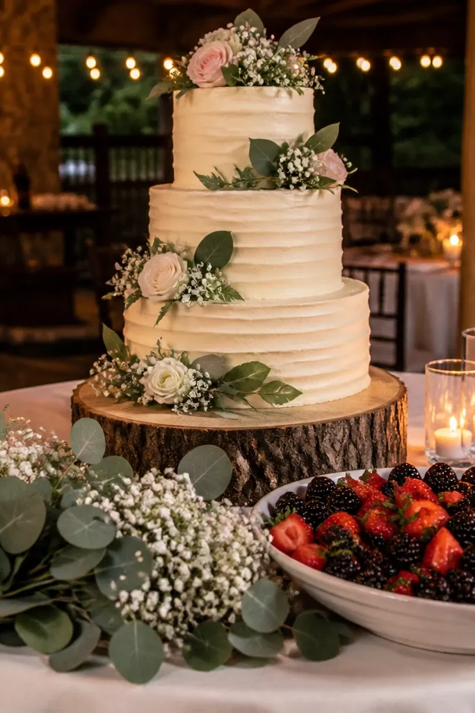 Hands cutting cake with a floral arrangement blurred in the foreground