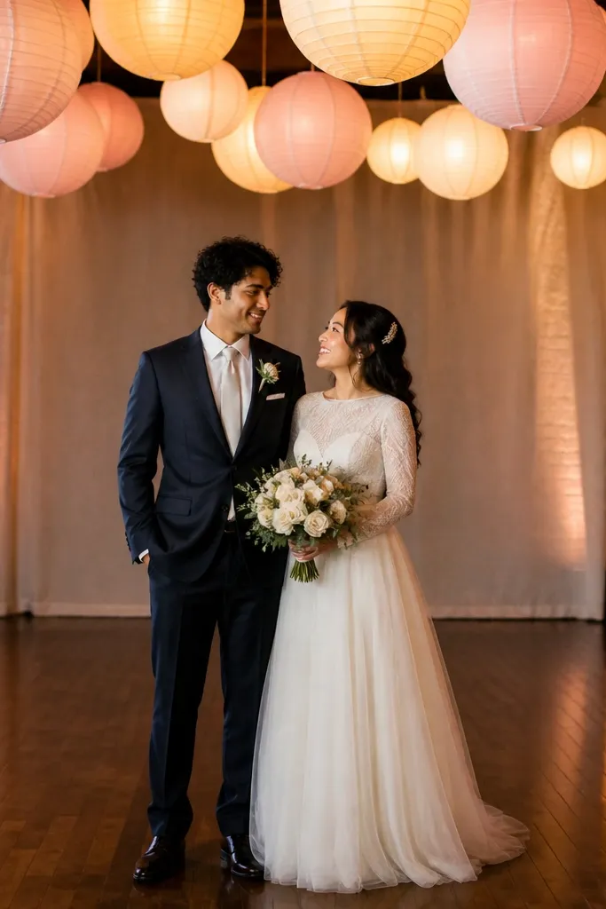 Couple standing under hanging paper lanterns in warm indoor light