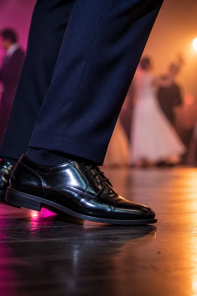 Wedding shoes on the floor with dance lighting reflections behind