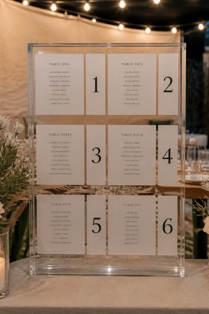 Clear acrylic stand with frosted white name blocks and table numbers