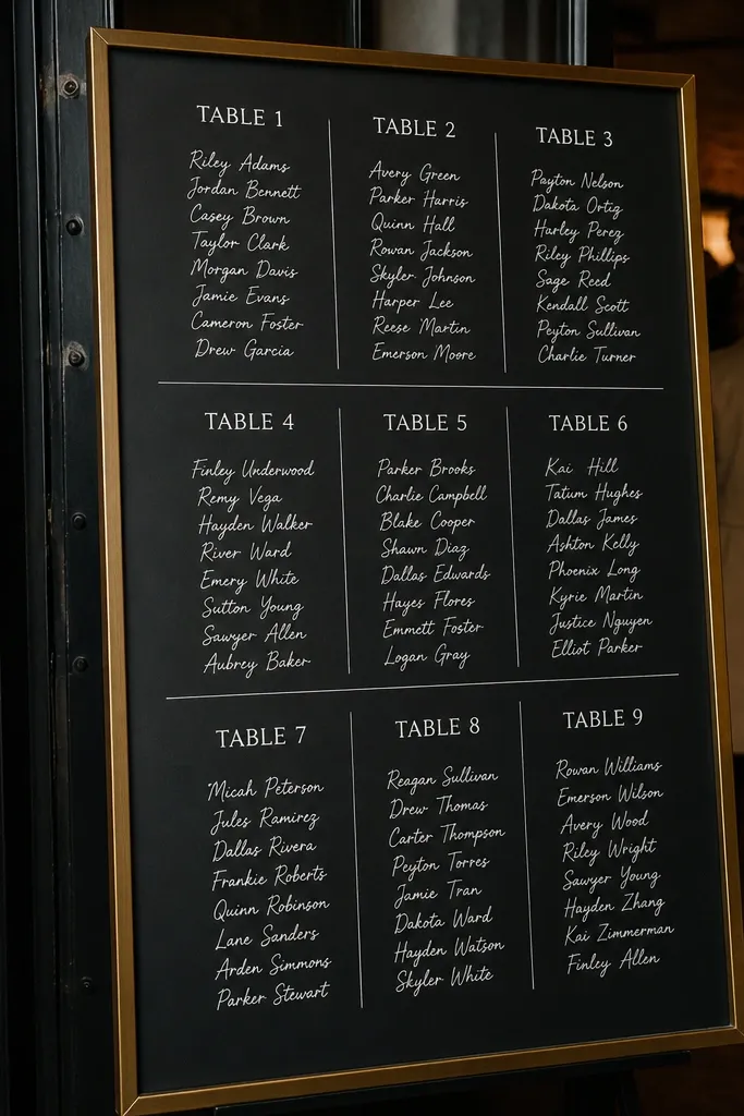 Black sign with white table headings separated by thin lines and name lists