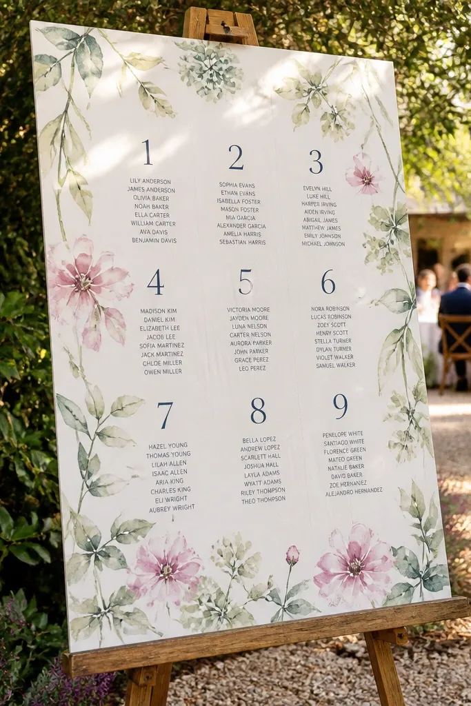 Watercolor botanical background with small labeled table numbers and name lists